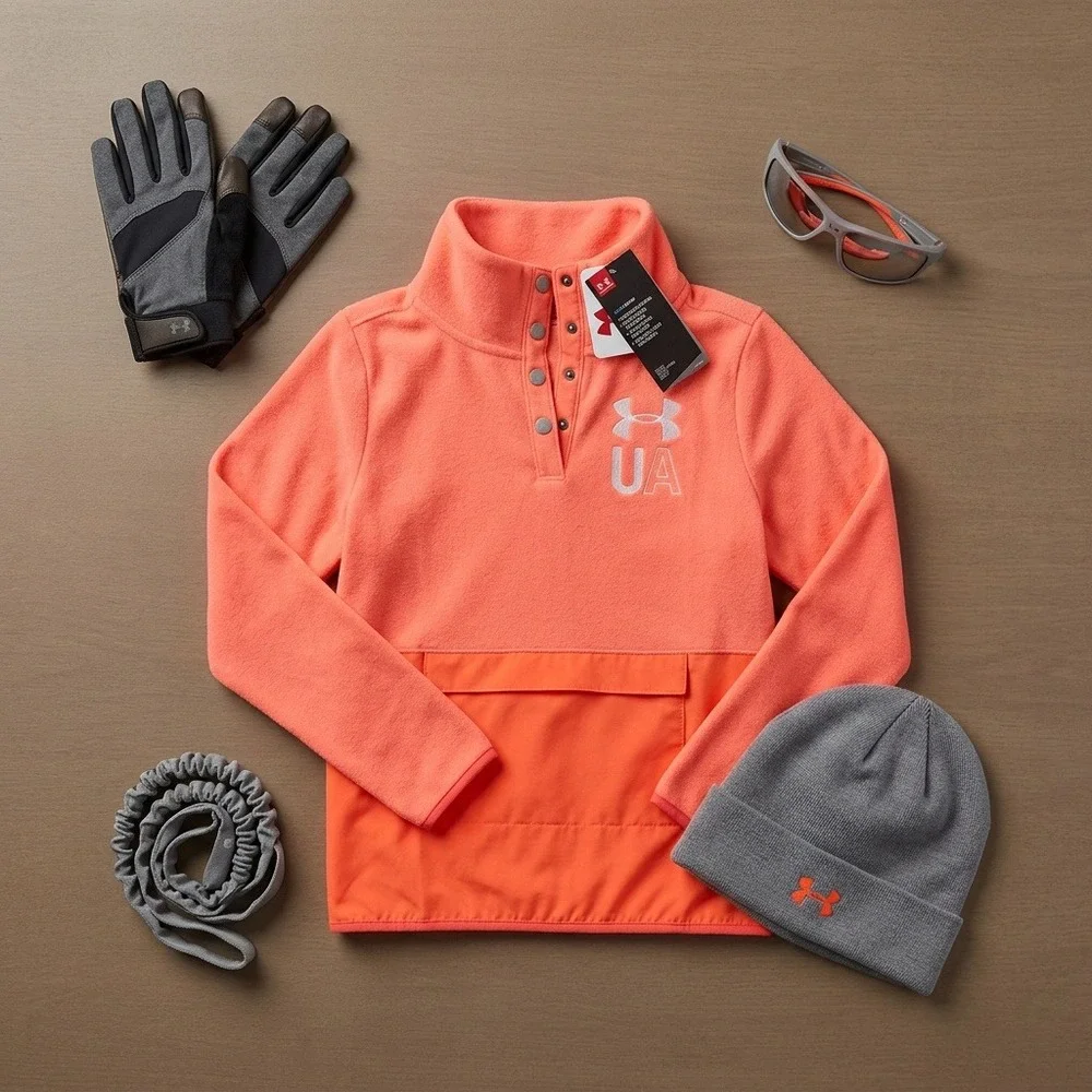 Under Armour ColdGear Pullover Fleece Youth XL Bright Orange Snap Mock Neck NWT